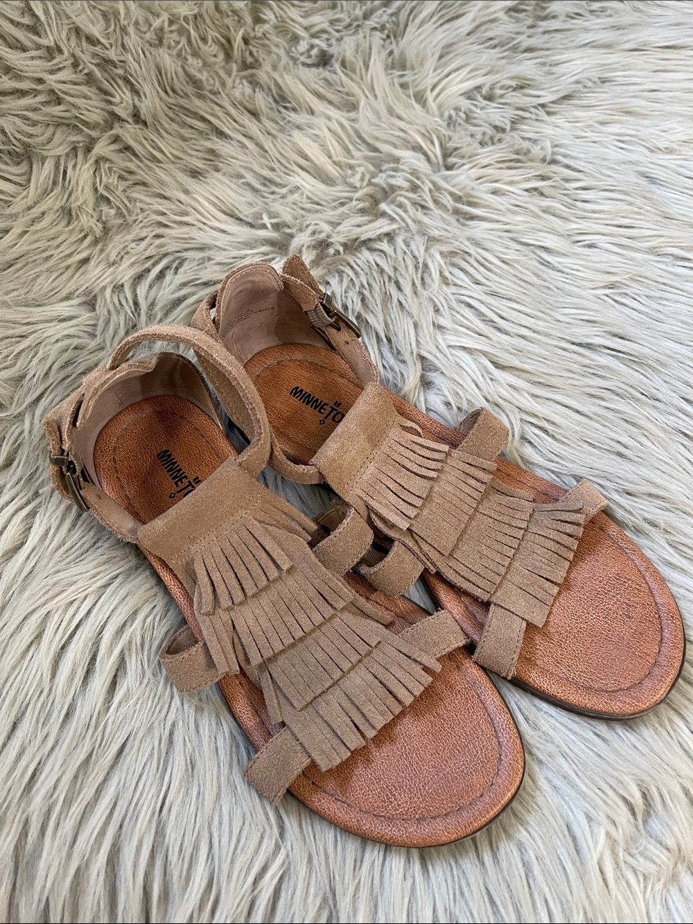Minnetonka Tan Suede Fringe Sandals - Picture 1 of 4